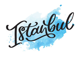 Istanbul. Hand lettering. Vector logo of Istanbul in black color with seagulls on white background. souvenir products, banner emblem, travel blog social media, brochure, flyer. Digital illustration.