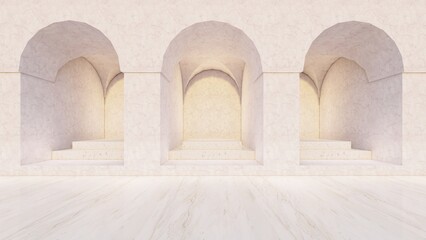 Architecture interior background arched room with podiums 3d render