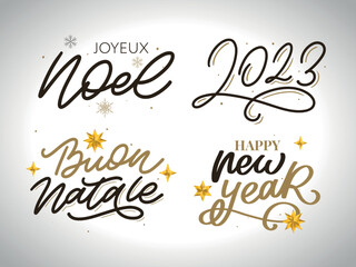 Merry Christmas set 2023 Happy New Year, typography lettering badge emblems quotes set collection. Vector logo design for postcard, invitation, greeting card, poster, gift.
