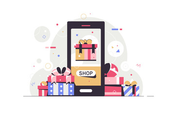 Vector illustration of a mobile store. Buying gifts online for the holiday. Present concept. Beautiful banner of colorful gift boxes. 
