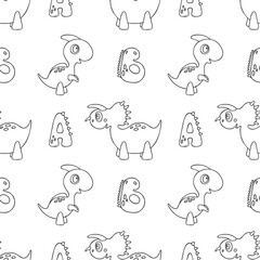 Seamless pattern with letters A and B in dino cartoon style and two friedly dinosaurs.