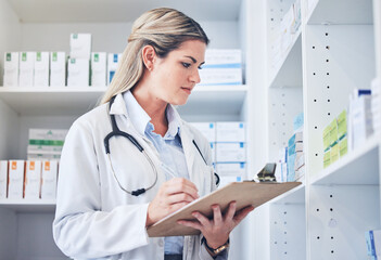 Inventory checklist, pharmacist and woman in pharmacy recording quantity of medication. Healthcare, wellness or female medical physician writing on clipboard, counting stock or medicine in drug store
