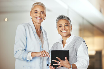 Tablet, review and portrait of business women for planning, online report and analytics. Teamwork, collaboration and idea with employee in digital agency for web design, technology and networking