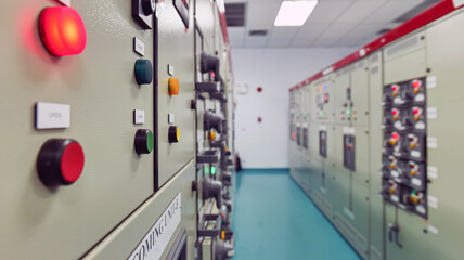 The power control room inside the building has a sizable power distribution control cabinet installed. technologies, industrial, and energy-saving ideas.