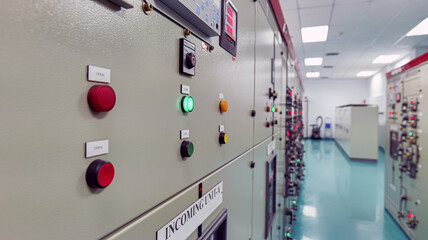 The power control room inside the building has a sizable power distribution control cabinet...