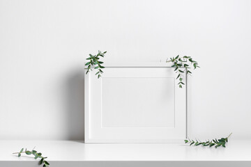 Blank landscape frame mockup in white scandinavian room interior with botanical decor