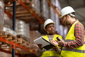 A shot of a man and woman working in a distribution warehouse, the manager is giving instructions...