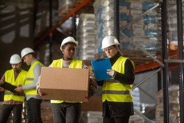 A multiracial group of people is working in a distribution warehouse, the manager is giving...
