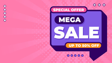 Mega sale banner design with flat retro style, trendy colorful background for media promotion social media post and web banner