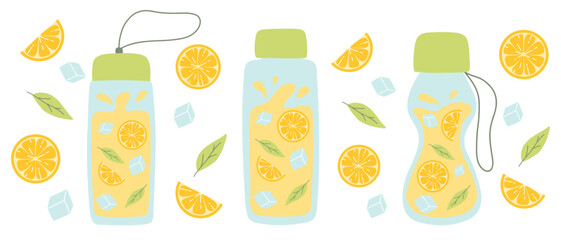 Set of bottles with lemonade. Collection of Cool lemonades with lemon slices, mint and ice. Vector illustration isolated on white background. flat style.