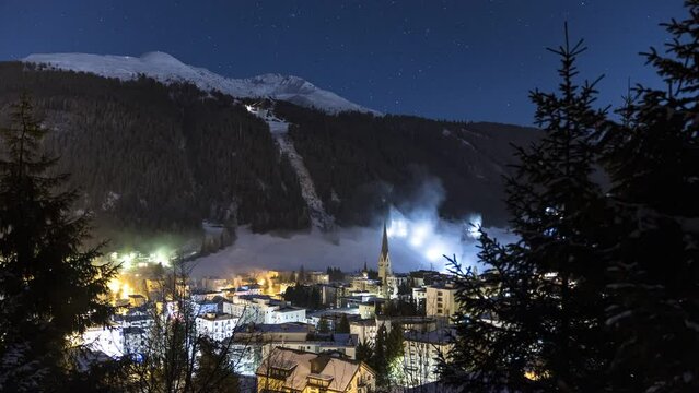 Davos city. Winter night time-lapse.