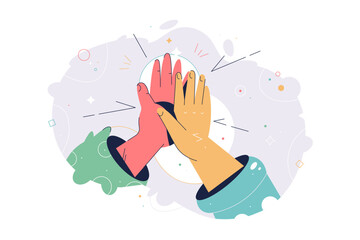Hands give high five together. Abstract concept of diverse nationality collaborate together for successful result. Team celebration winning and goal achievement idea. Vector illustration. - obrazy, fototapety, plakaty