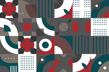 Obraz premium Trendy Modern geometry shapes seamless pattern It consists of a polyhedron such as a circle square triangle Used in the textile industry, fabric pattern, paper, wallpaper, book cover