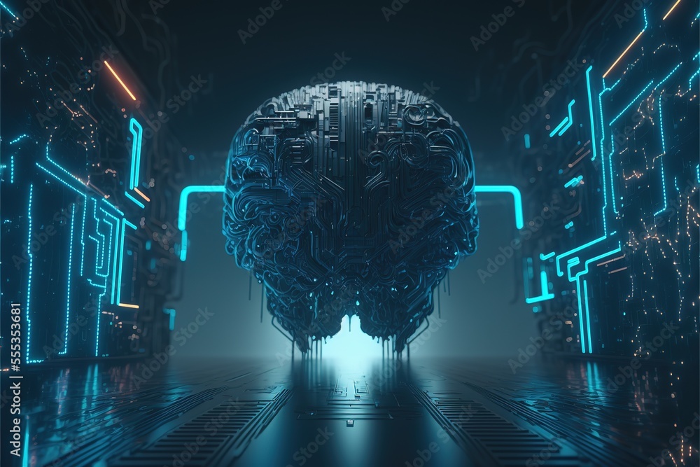 Poster brain. digital brain. 3d science and technology concept. cpu. circuit board. abstract technology bac
