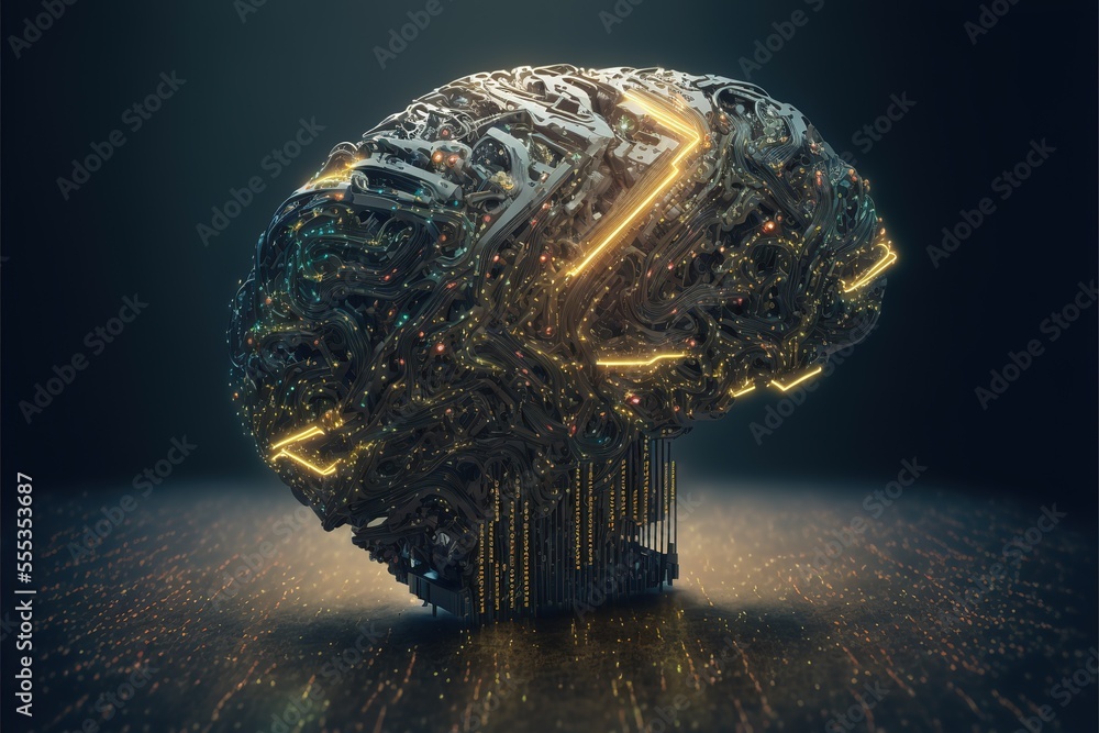 Poster brain. digital brain. 3d science and technology concept. cpu. circuit board. abstract technology bac