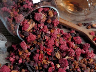Fruit tea with dried berries of hawthorn, sea buckthorn, raspberry, plum, barberry in a glass cup on a wooden vintage background. A cup of tea and a jar of berries.