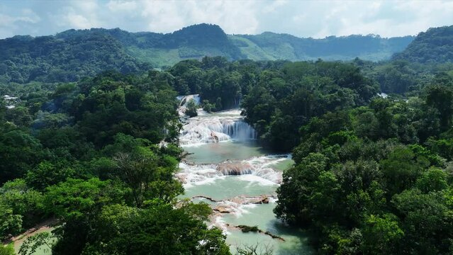 Aerial view of the waterfalls Agua Azul, Chiapas (Mexico).