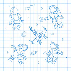 Cartoon astronauts hand drawn on a school notebook sheet. Children's vector drawing.