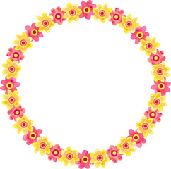 Floral round frame or wreath with daisies. Hand painted watercolor illustration. Great for Easter greeting cards. Pink and yellow colors.