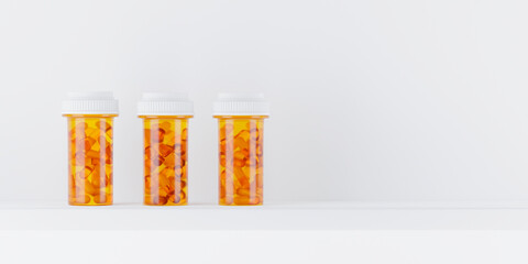 Antidepressant drugs in plastic jars on shelf. 3d rendering