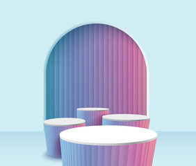 Abstract 3D room with realistic cylinder pedestal stand podium. Minimal scene for product display presentation. Vector geometric platform. Stage for showcase.