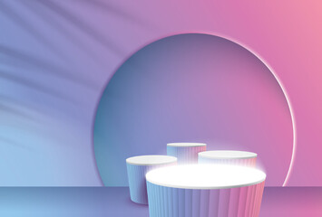 Abstract 3D room with realistic cylinder pedestal stand podium. Minimal scene for product display presentation. Vector geometric platform. Stage for showcase.