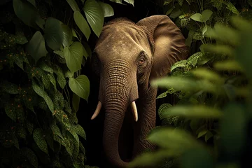 Foto op Canvas Photorealistic portrait of the elephant hiding in the jungle foliage. Generative art © Cheport