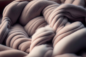 Obraz premium Soft close-up, winter cocooning in warm wool, warm wellness feeling, winter colors, beautiful yarns, wool yarns, cocooning, felting wool, knitting wool, felting, illustration, generated art, ai