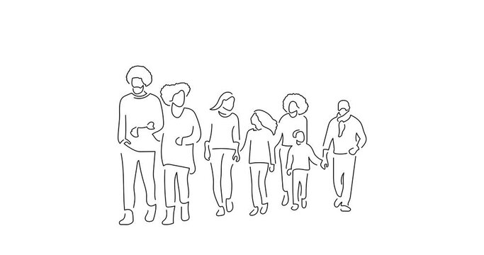 Family walking in line art animation. Composition of casual people. Black linear video on white background. Animated gif illustration design.
