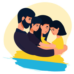 Obraz premium Family. Family are standing together. Cartoon characters. Ukrainian flag colors. Stand with Ukraine. Save Ukraine from russia. Stop war. Hand drawn modern Vector illustration