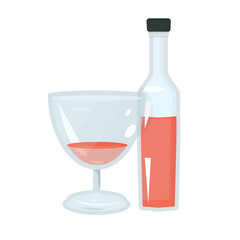 Bottle of alcohol drink and glass. Red wine. Flat vector illustration.