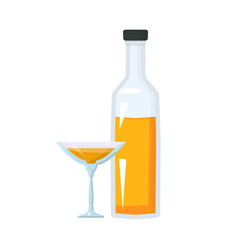 Bottle of alcohol drink and glass. Martini, wine drink. Flat vector illustration.