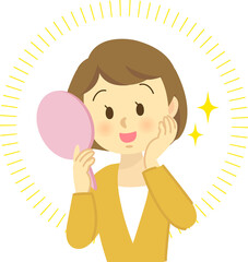 イラスト素材：肌トラブル　若い女性が肌トラブルが改善された姿を鏡で見て喜ぶ姿　上半身（透過背景）
