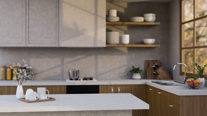 Modern contemporary home kitchen room with copy space on modern kitchen island