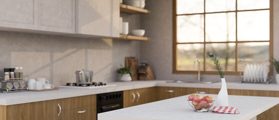 Scandinavian home kitchen room with white kitchen island, sink, stove and kitchenware