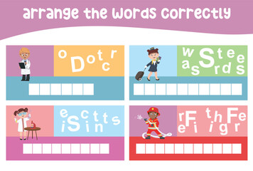 Arrange the jumble words correctly. educational game for kids to learn rearranging the words in the correct order. Language worksheet with profession dreams theme. Kawaii vector illustration file. 