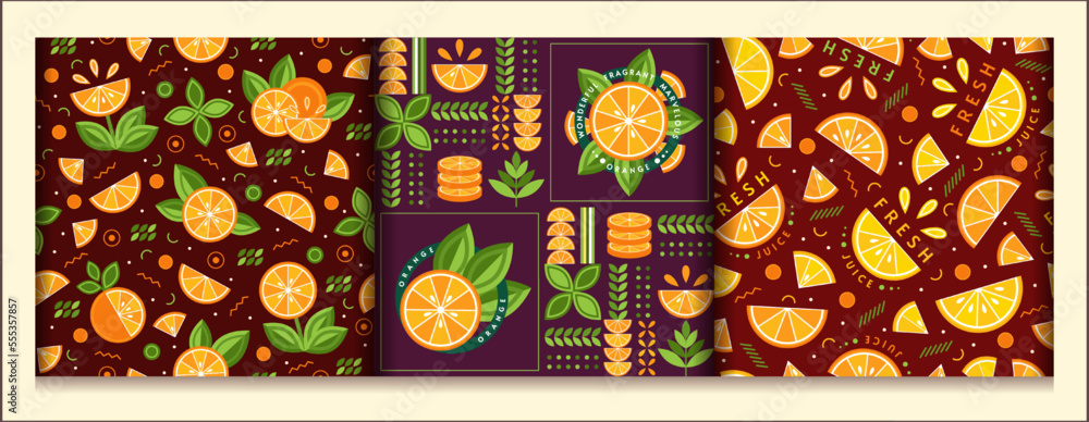 Poster seamless patterns with orange fruit in simple geometric style. abstract shapes. good for branding, d