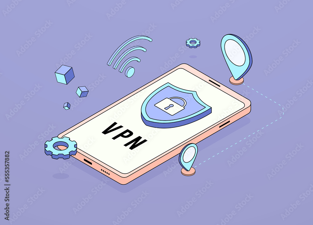 Poster vpn connection concept. virtual private network application. mobile security internet connection - v