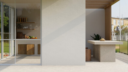 Empty mockup space on white wall with Scandinavian home kitchen room and dining room