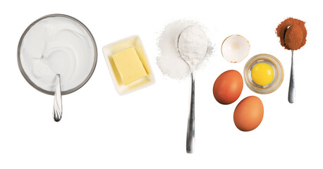 Ingredients for baking, eggs, flour, butter, milk