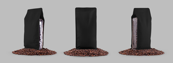 Black gusset packaging mockup with transparent inserts, on coffee beans, set isolated on background.