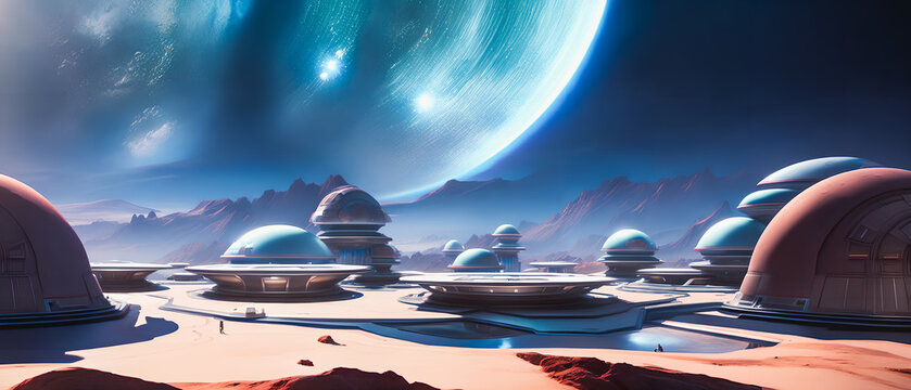 Concept of space colony on an uninhabited planet, Generative AI