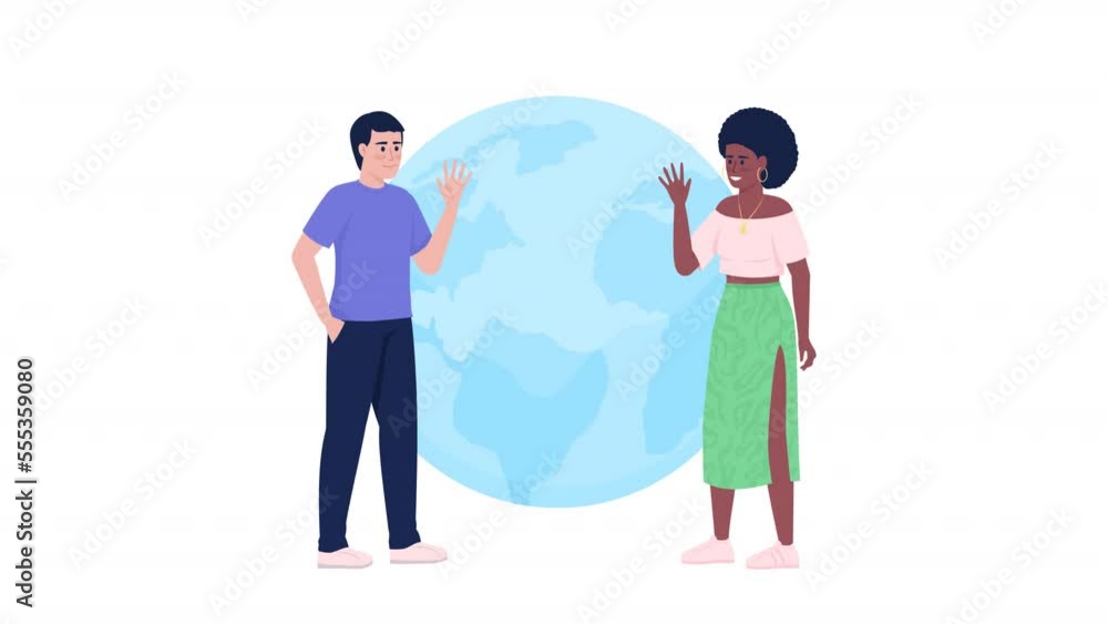 Poster animated speak with native concept. looped 2d cartoon flat characters on white with alpha channel tr