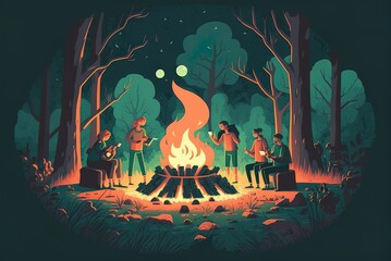 At the campfire, everyone is laughing while recounting terrifying tales. A group of people sharing a campfire at night during the summer is illustrated here in flat form. Generative AI - obrazy, fototapety, plakaty