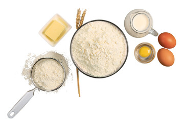 Collection of baking ingredients, flour, milk and eggs - Powered by Adobe