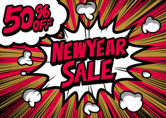 50%off New Year Sale retro typography pop art background, an explosion in comic book style.