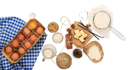 Bakery fresh cooking ingredients, egg, flour, sugar, butter