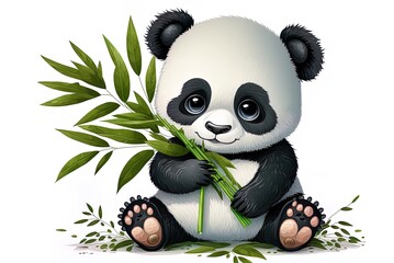 Fototapety  Baby panda having fun with bamboo, cartoon. Generative AI