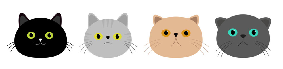 Cute cat icon set line. Kitten face head silhouette. Different breeds. Funny kawaii cartoon baby character. Happy Valentines Day. Notebook sticker print template. Flat design. White background.