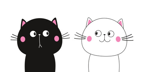 Black white cat face head line contour silhouette icon set. Funny kawaii sad smiling doodle animal. Cute cartoon character. Pink blush cheeks. Pet collection. Flat design. Baby background.
